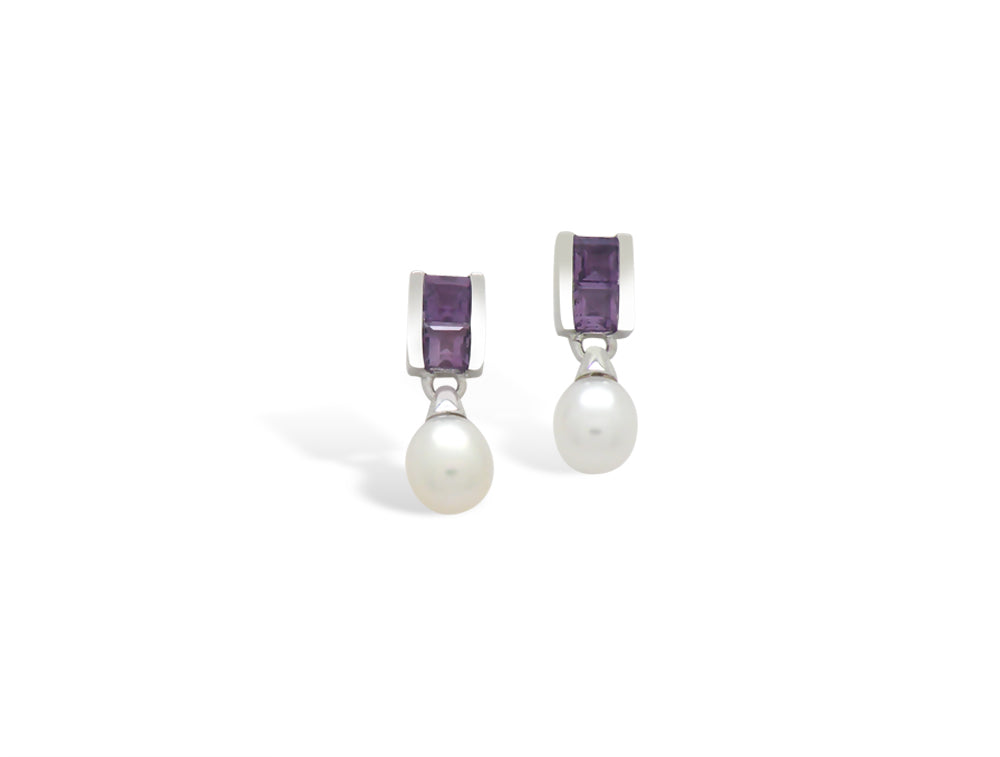 Amethyst and Cultured Pearl earrings in sterling silver, style E4087 - view 2