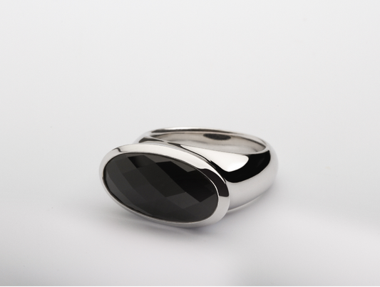 Black Onyx and Smokey Quartz ring in sterling silver, style R4732