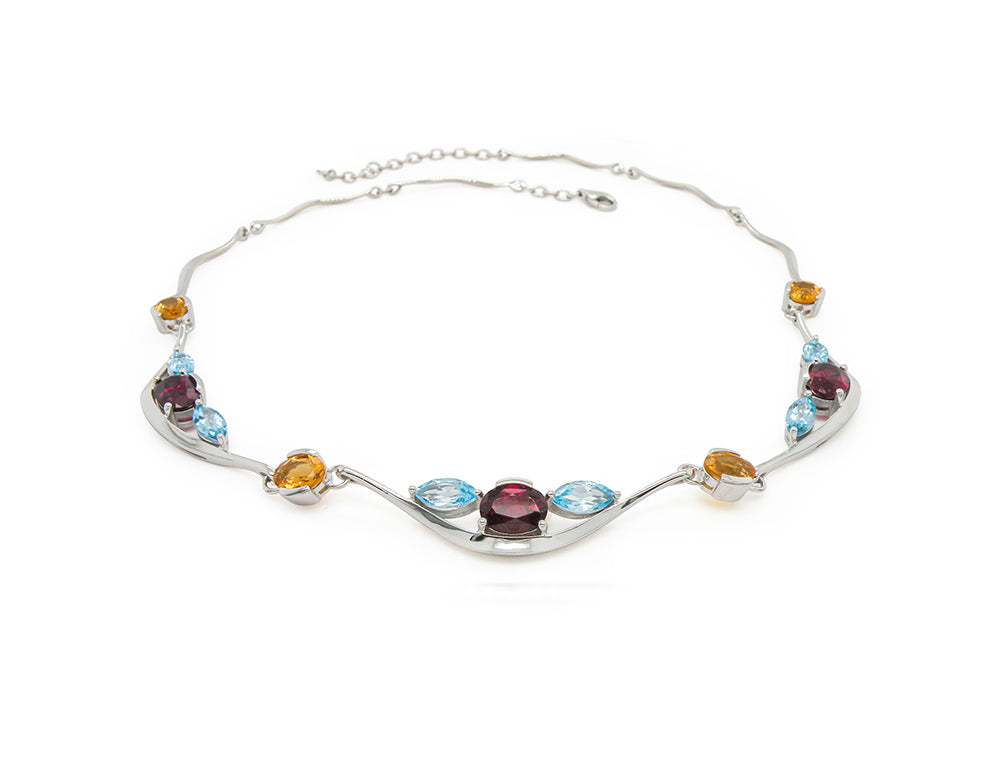 Multi Color Gemstone Necklace N3329 - Rhodolite Garnet / Citrine / Blue Topaz - Necklace