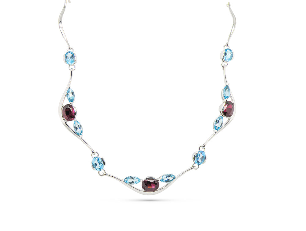 Multi Color Gemstone Necklace N3329 - Rhodolite Garnet / Blue Topaz - Necklace