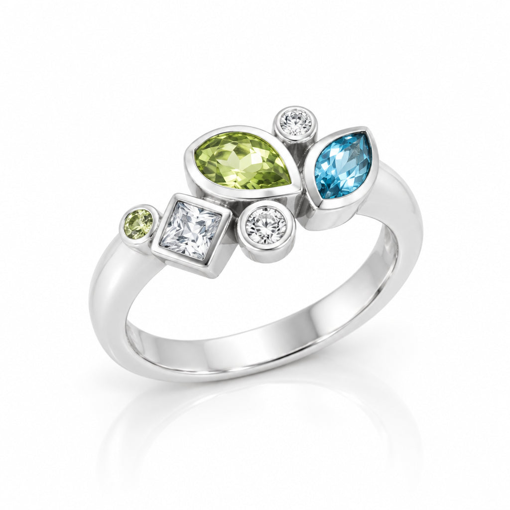 Swiss Blue Topaz, Peridot and White Topaz ring in sterling silver by Joryel Vera, style R3923 - view 4