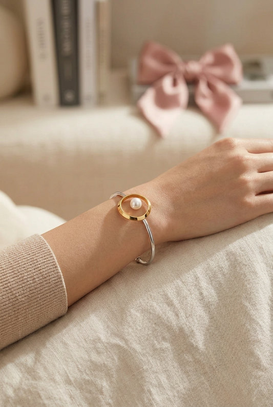 Pearl Bangle Bracelet in 14K Gold Plated Sterling Silver