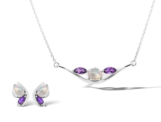 Amethyst and Opal jewelry set in sterling silver, style SET436