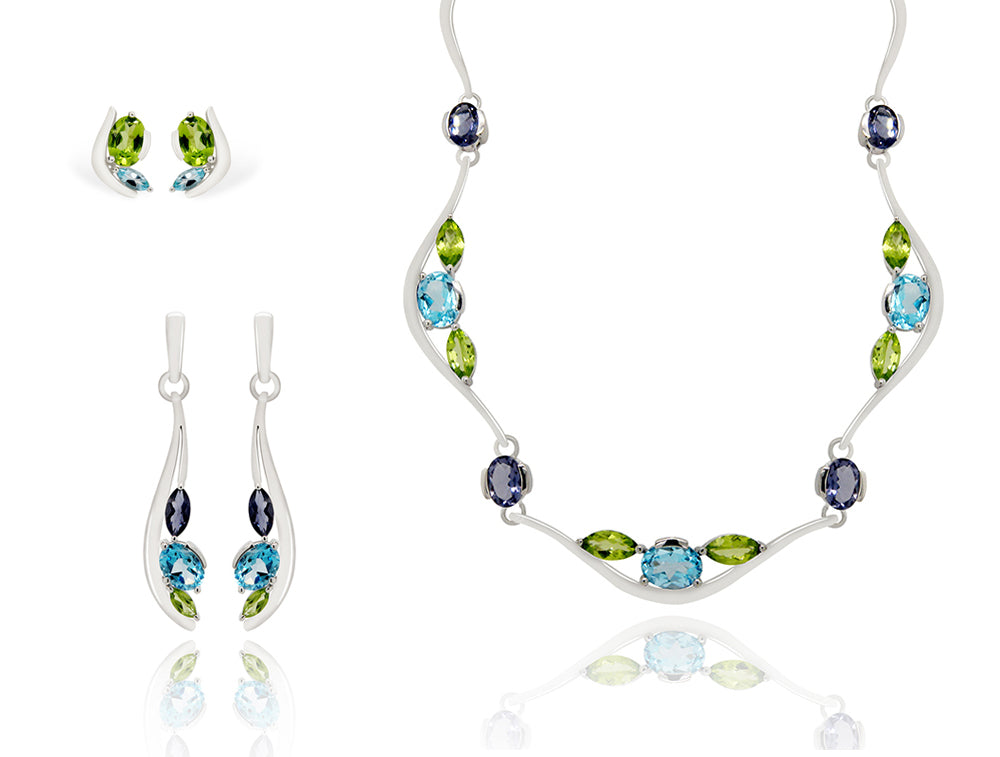 Blue Topaz and Peridot jewelry set in sterling silver, style SET514