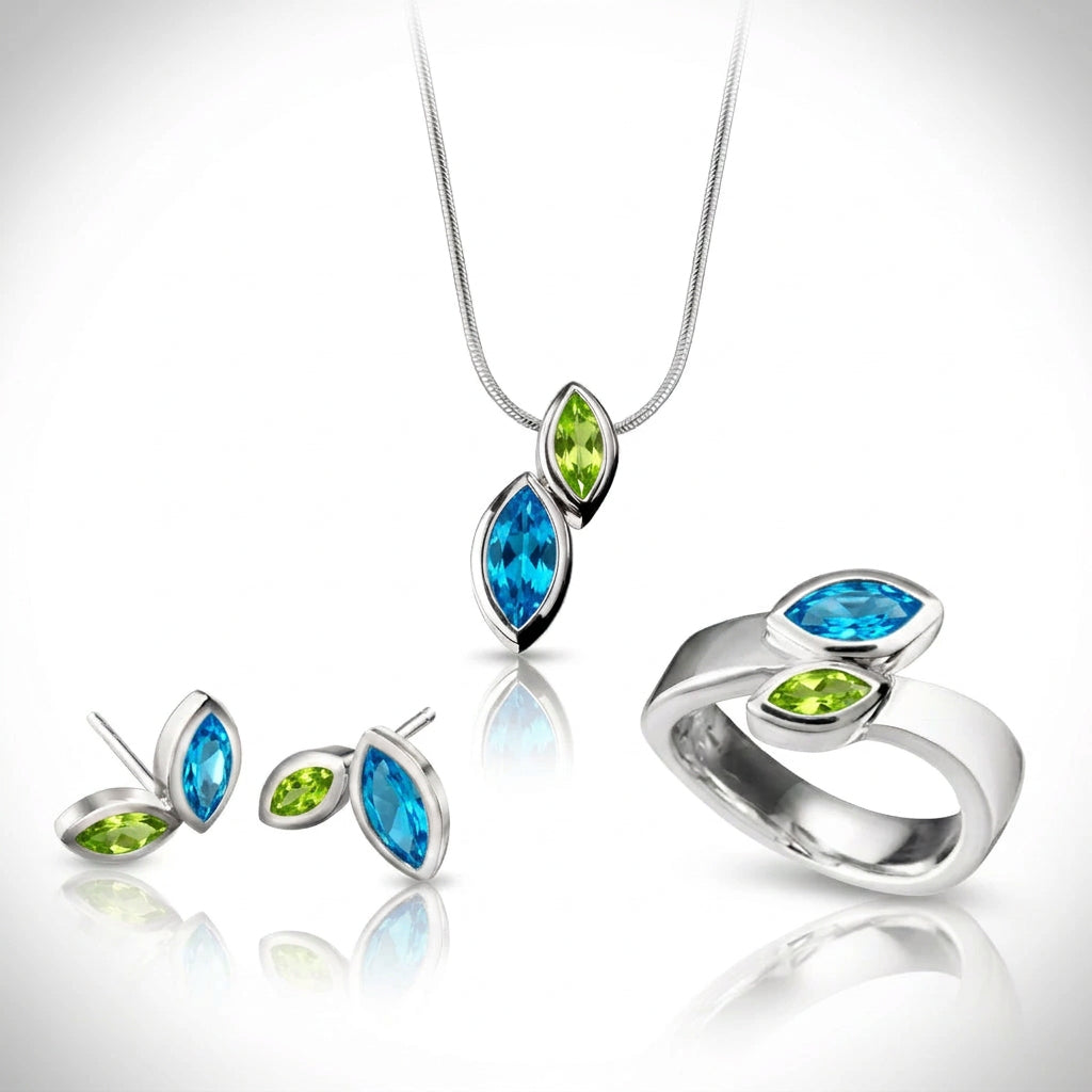 Blue Topaz and Peridot jewelry set in sterling silver, style SET202