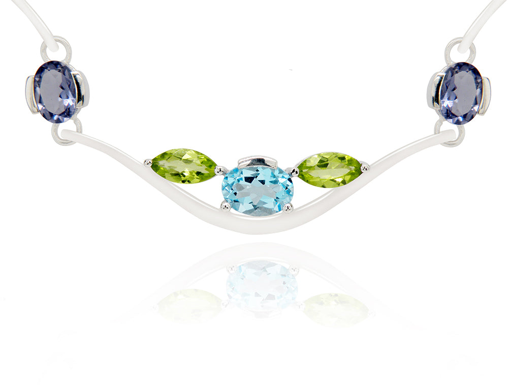Iolite, Blue Topaz and Peridot necklace in sterling silver, style N3329 - view 2