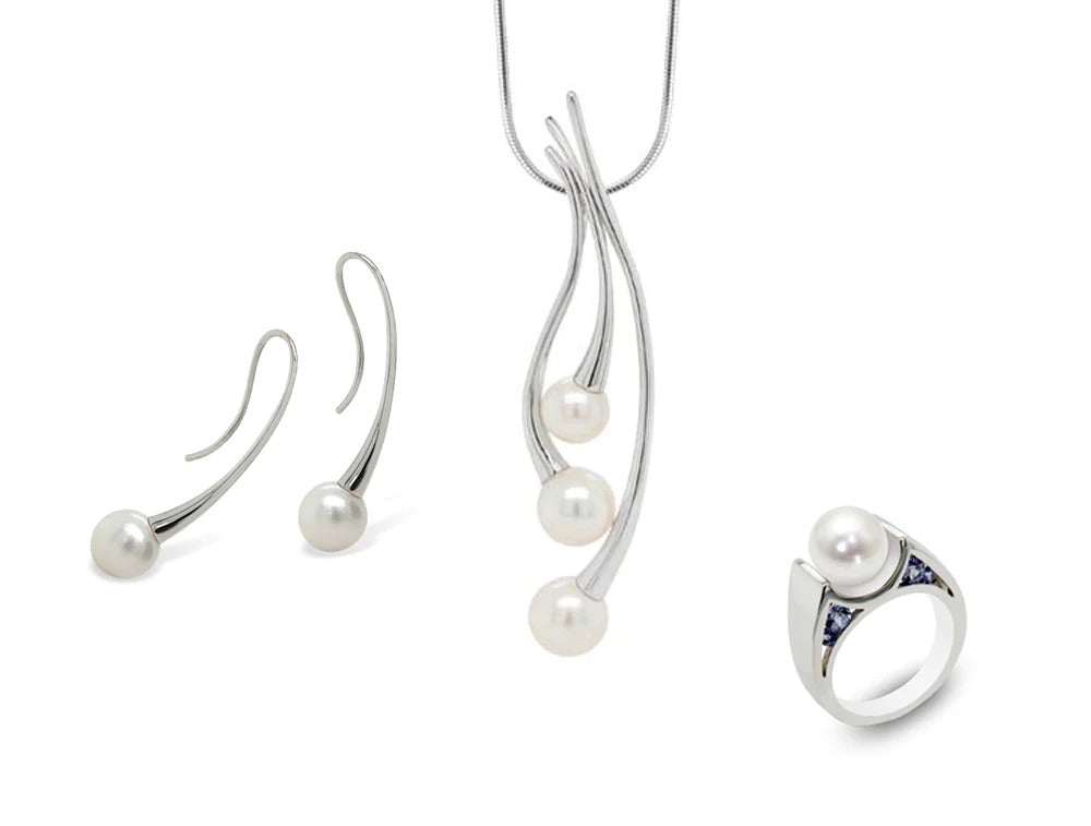 Pearl and Tanzanite jewelry set in sterling silver, style SET560