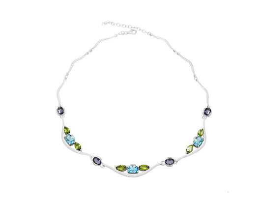 Multi Color Gemstone Necklace N3329 - Iolite / Blue Topaz / Peridot - Necklace