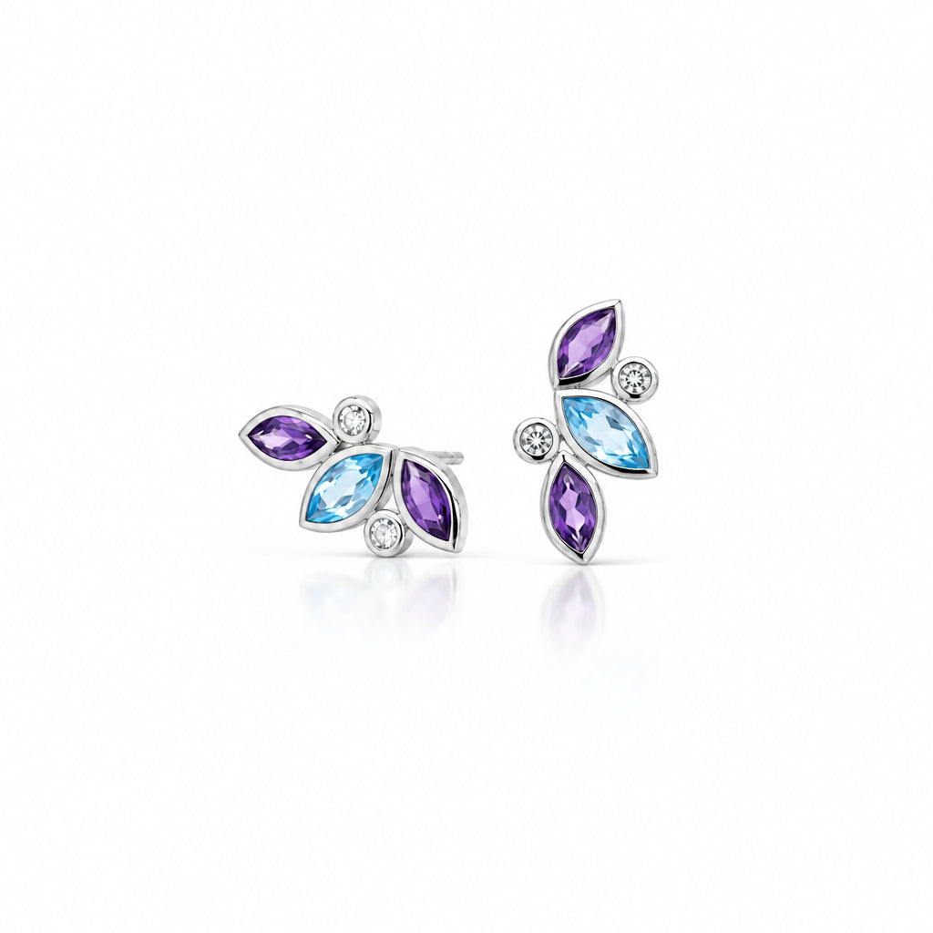 Amethyst, Blue Topaz and White Topaz earrings in sterling silver by Joryel Vera, style E4205