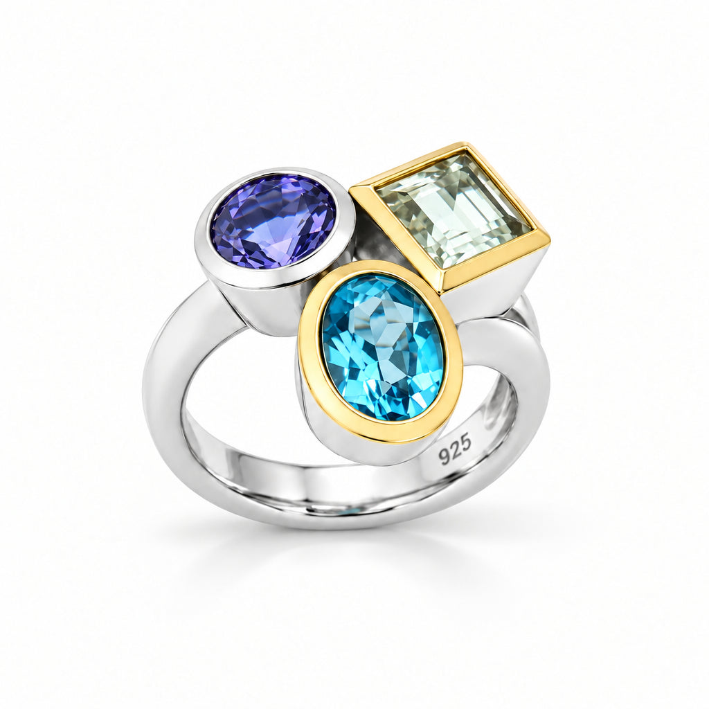 Blue Topaz, Iolite and Rock Crystal ring in sterling silver, style R6491