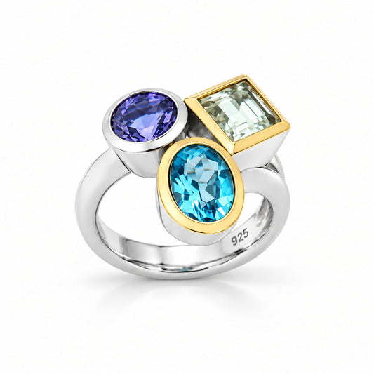 Blue Topaz, Iolite and Rock Crystal ring in sterling silver by Joryel Vera, style R6491