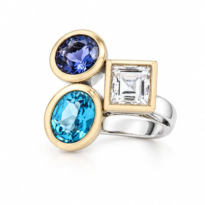 Blue Topaz, Iolite and Rock Crystal ring in sterling silver, style R6491 - view 3