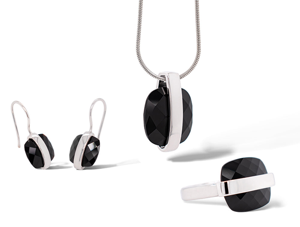 Black Onyx jewelry set in sterling silver, style SET449
