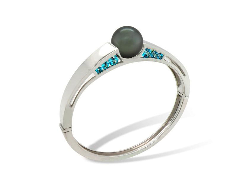 Black Tahitian Pearl and Paraiba Blue Topaz bracelet in sterling silver, style B3106