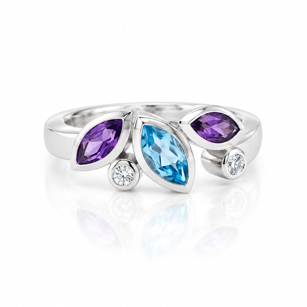 Amethyst and Blue Topaz ring in sterling silver, style R3961