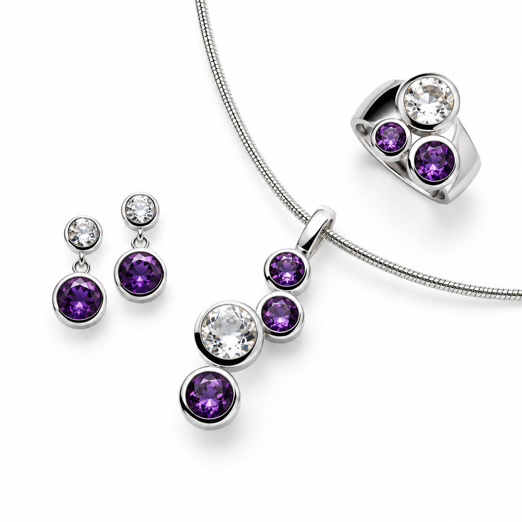 Amethyst and Rock Crystal jewelry set in sterling silver, style SET202