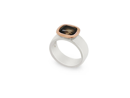 Faceted Cushion Cut Gemstone Ring R4052 - R4052 Smokey Quartz w/ Rose Gold bezel - Ring