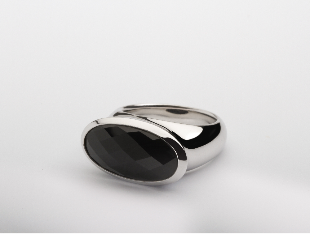 Black Onyx and Smokey Quartz ring in sterling silver, style R4732