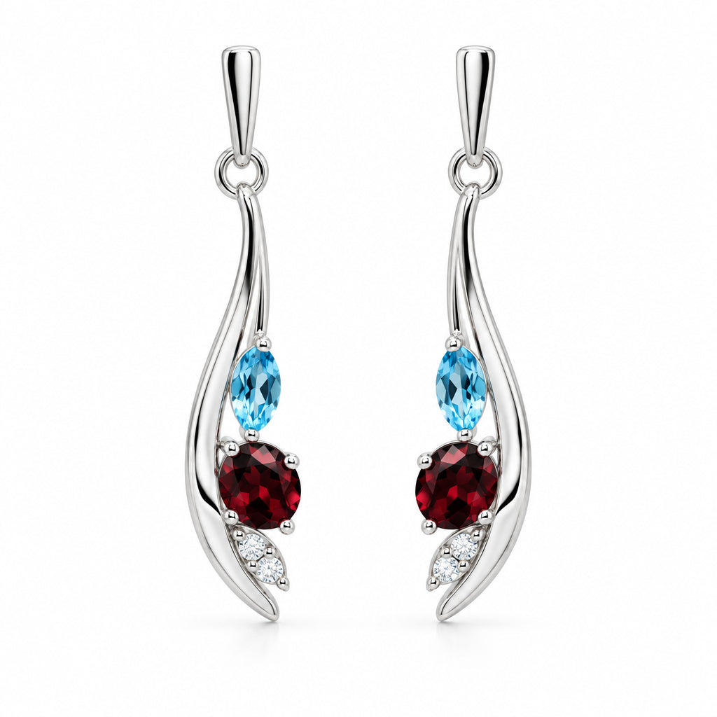 Rhodolite Garnet, Blue Topaz and White Topaz earrings in sterling silver, style E9898 - view 2