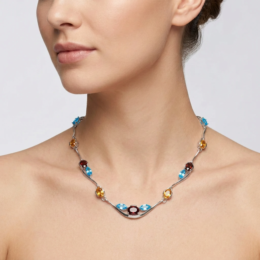 Multi Color Gemstone Necklace in 925 Sterling Silver | N3329