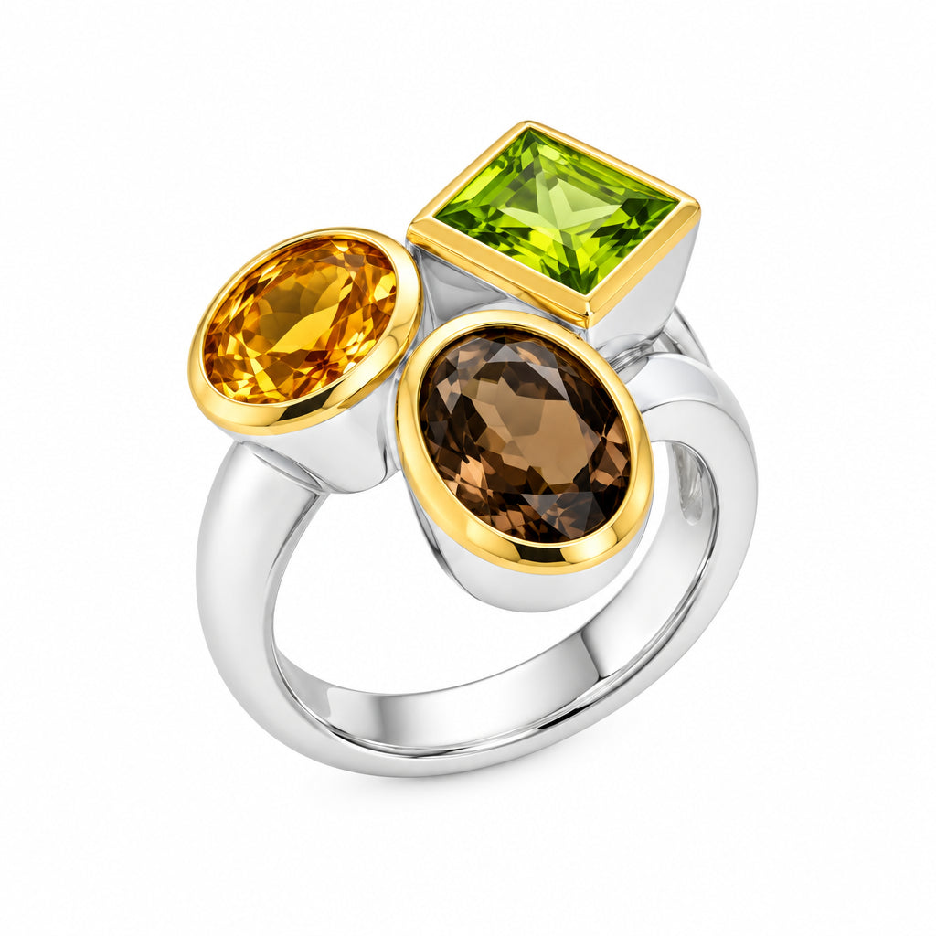 Citrine, Smokey Quartz and Peridot ring in sterling silver, style R6491 - view 4