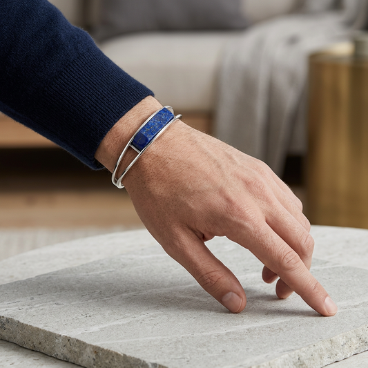 Lapis Lazuli Cuff Bracelet for Men in 925 Sterling Silver