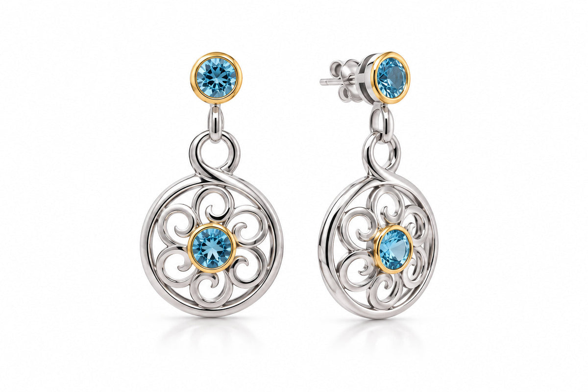 Amethyst and Blue Topaz earrings in sterling silver, style E9840 - view 2