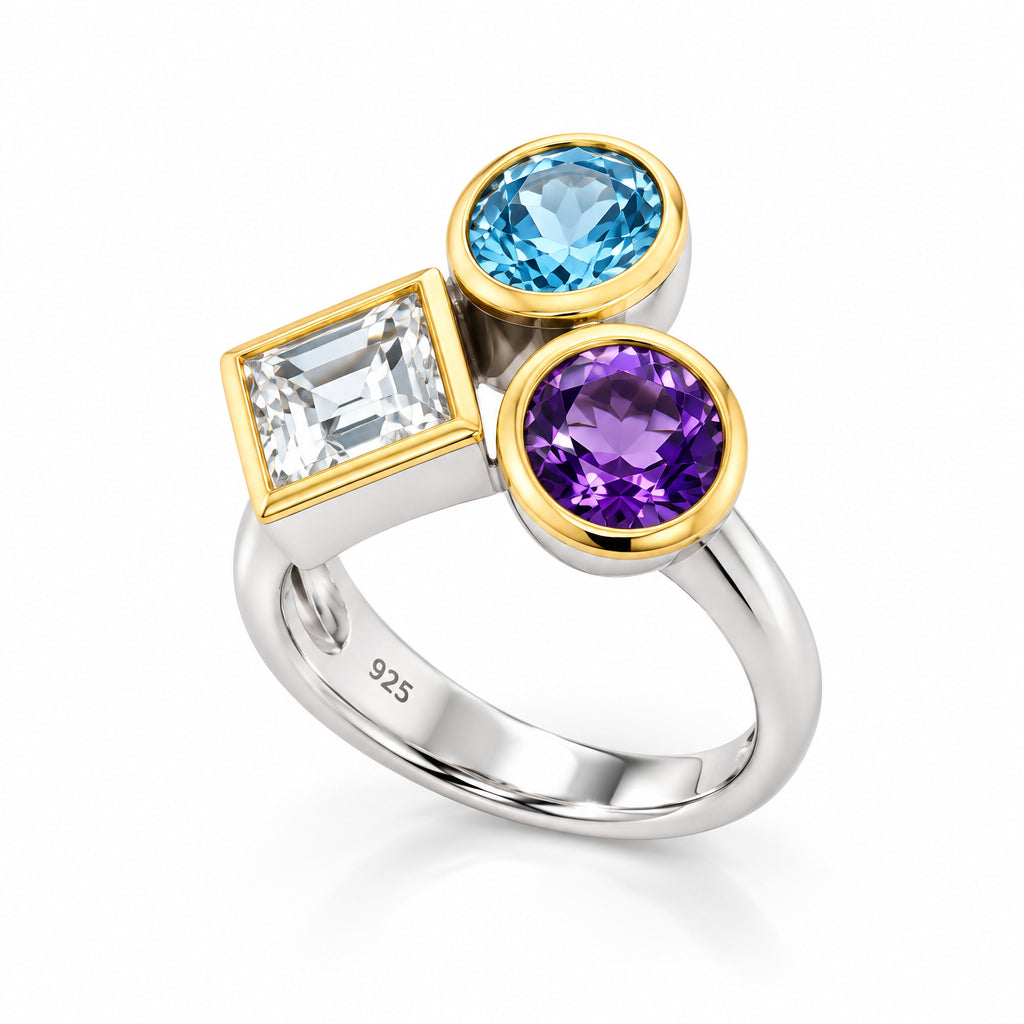 Amethyst, Blue Topaz and White Topaz ring in sterling silver, style R6491 - view 2
