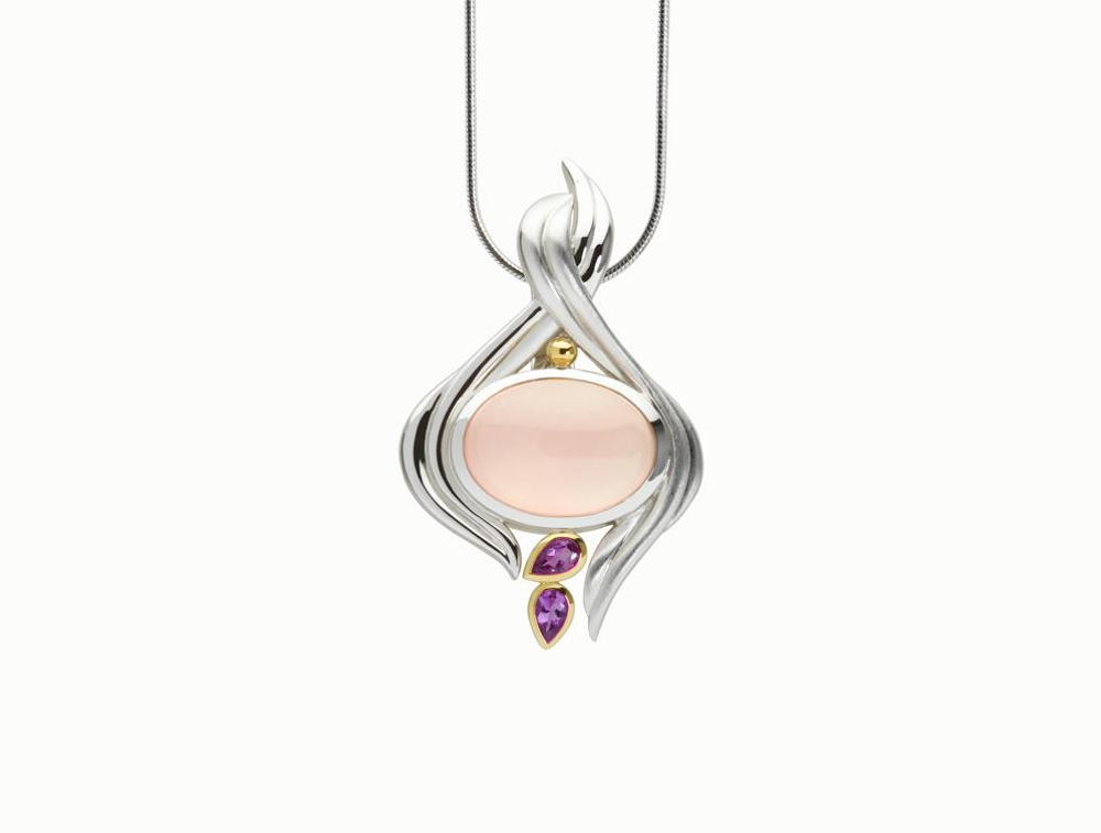 Green Quartz and Rose Quartz pendant in sterling silver, style P2745 - view 2