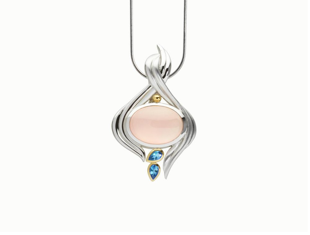 Green Quartz and Rose Quartz pendant in sterling silver, style P2745 - view 3