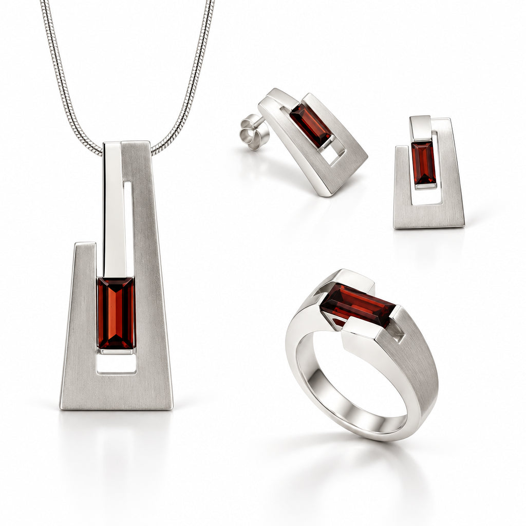 Garnet and Green Quartz jewelry set in sterling silver - view 2