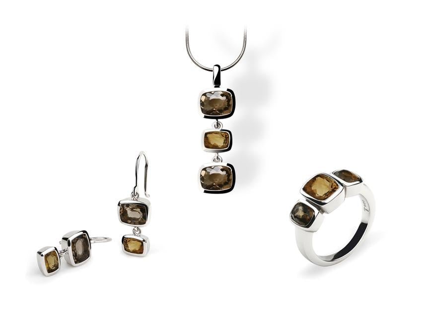 Honey Quartz and Smokey Quartz jewelry set in sterling silver - view 2