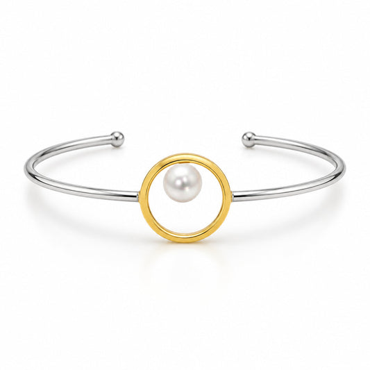 Pearl Bangle Bracelet in 14K Gold Plated Sterling Silver