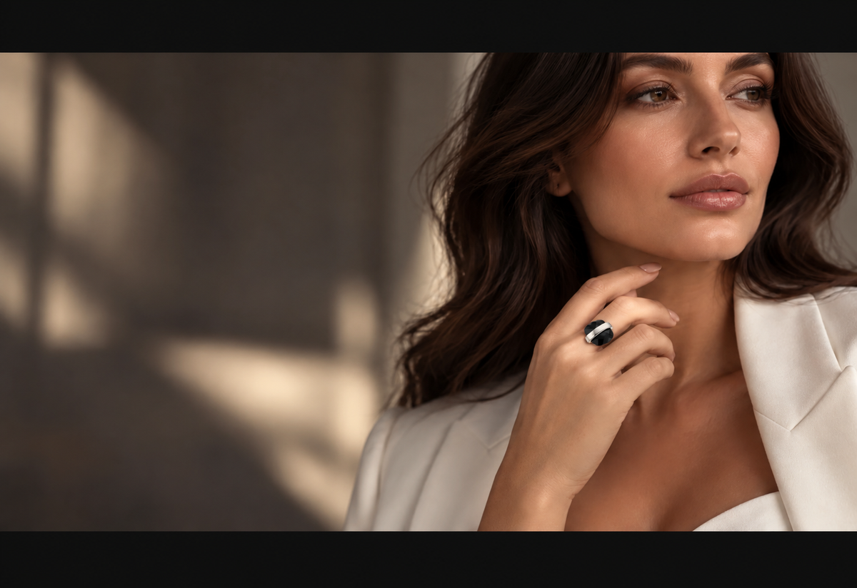 Model wearing a black onyx ring in sterling silver, with a subtly reduced ring size