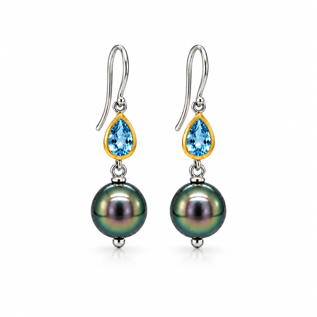 Blue Topaz and Tahitian Pearl earrings in sterling silver, style E5547