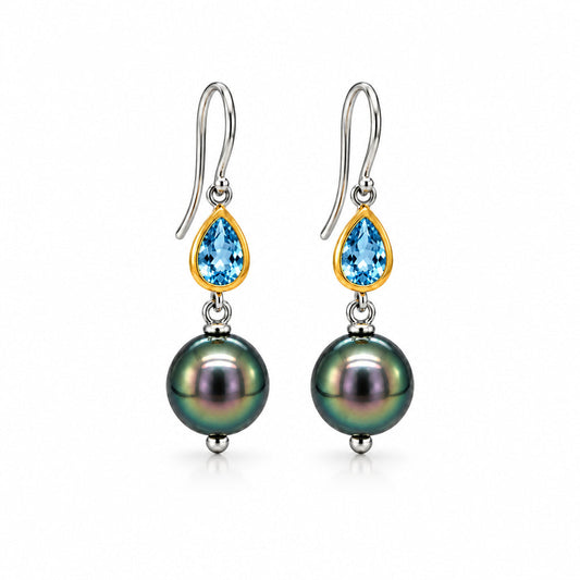 Blue Topaz and Tahitian Pearl earrings in sterling silver, style E5547