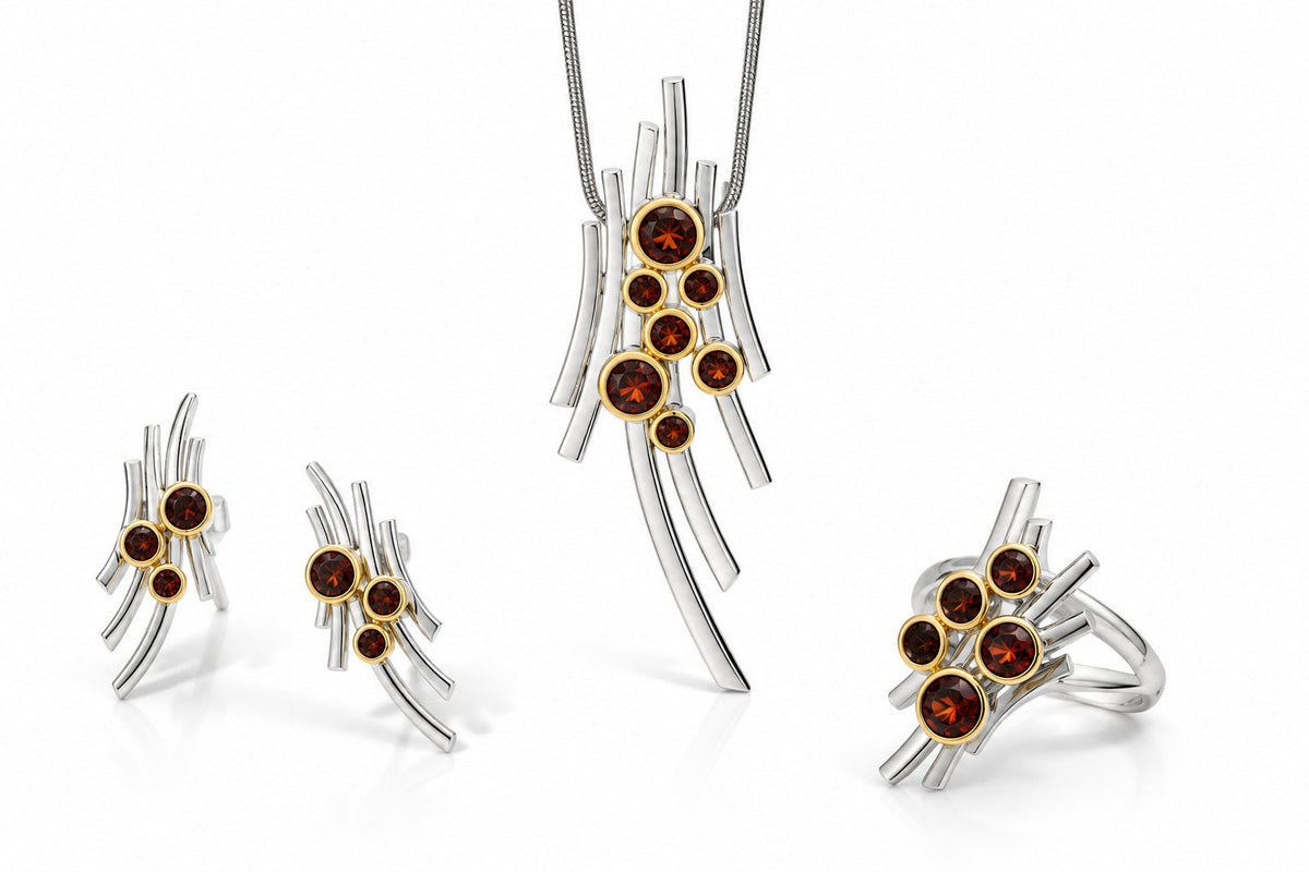 Garnet and London Blue Topaz jewelry set in sterling silver, style N101