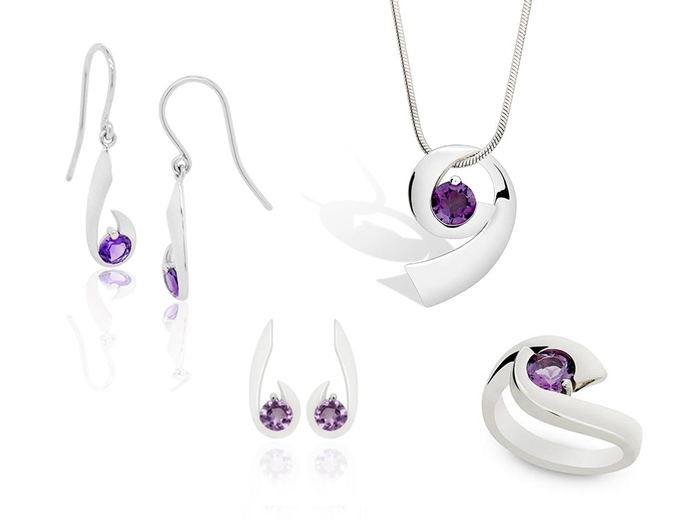 Amethyst jewelry set in sterling silver, style SET441