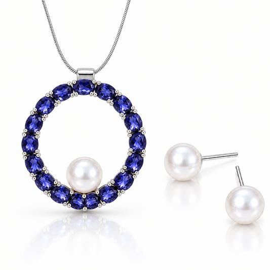 Iolite and Pearl jewelry set in sterling silver