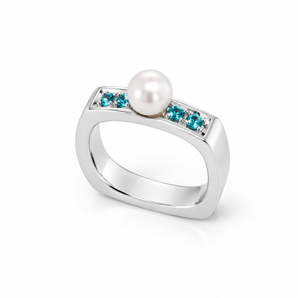 Blue Topaz and Pearl ring in sterling silver, style R1858