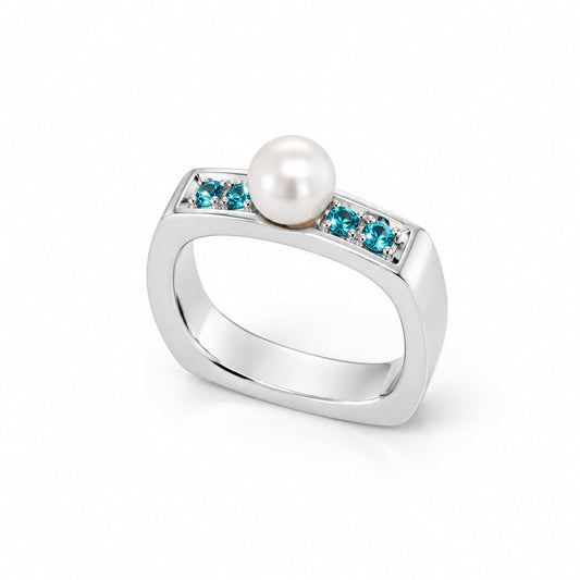 Blue Topaz and Pearl ring in sterling silver, style R1858