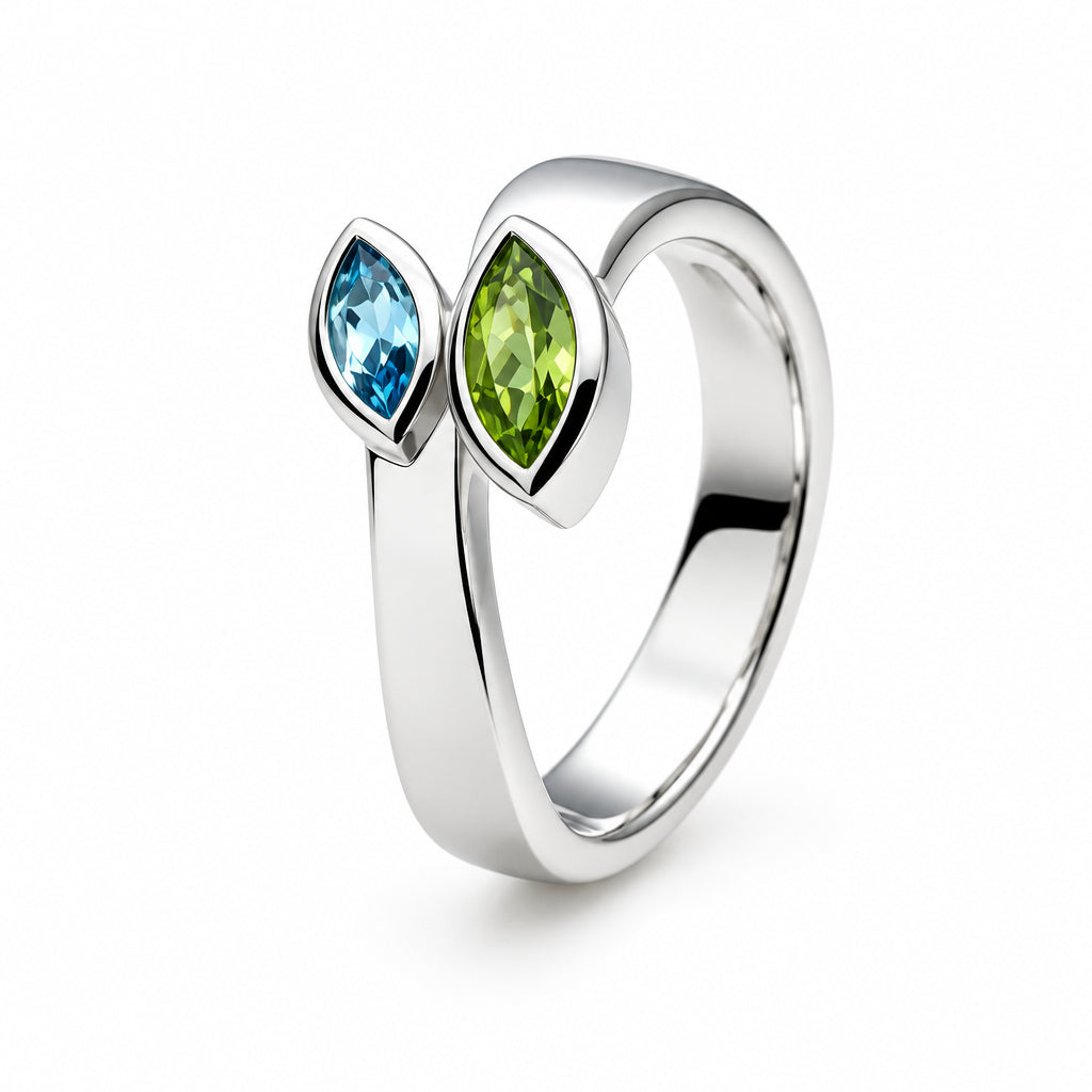 Blue Topaz and Peridot ring in sterling silver, style R3959