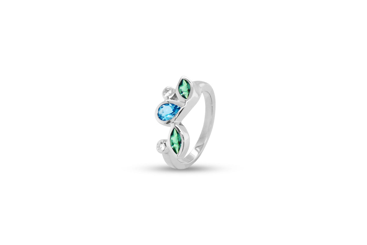Swiss Blue Topaz, Green Quartz and White Topaz ring in sterling silver, style R3923 - view 3