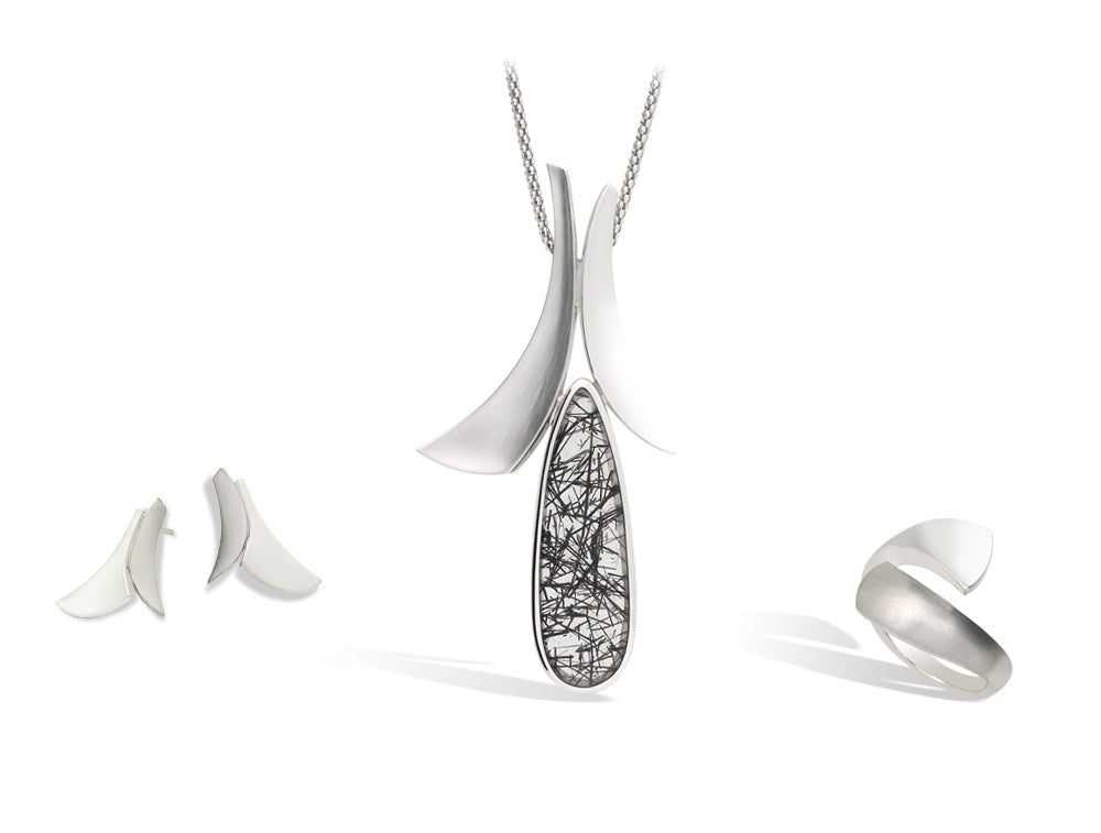 Tourmalated Quartz jewelry set in sterling silver