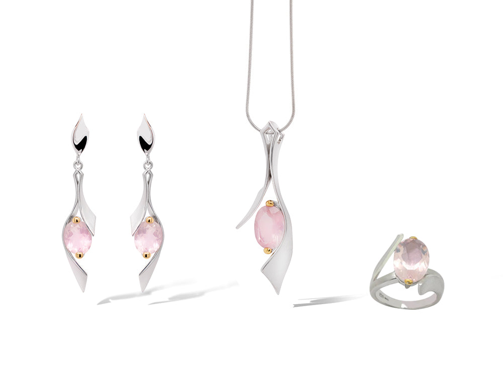 Blue Topaz and Rose Quartz jewelry set in sterling silver, style SET414