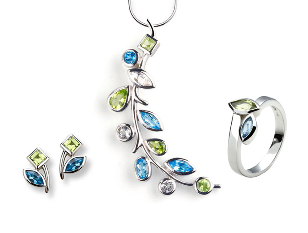 Blue Topaz and Peridot jewelry set in sterling silver, style SET510