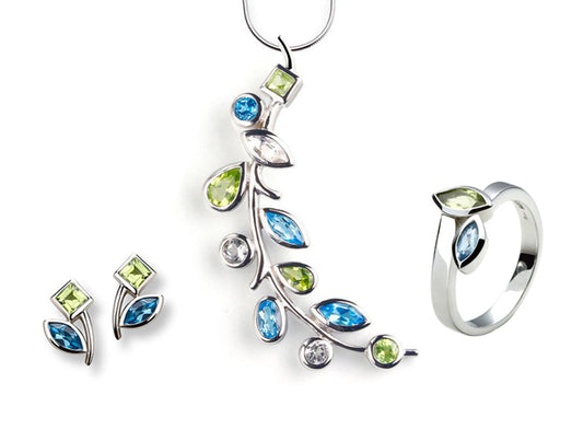 Blue Topaz and Peridot jewelry set in sterling silver, style SET510